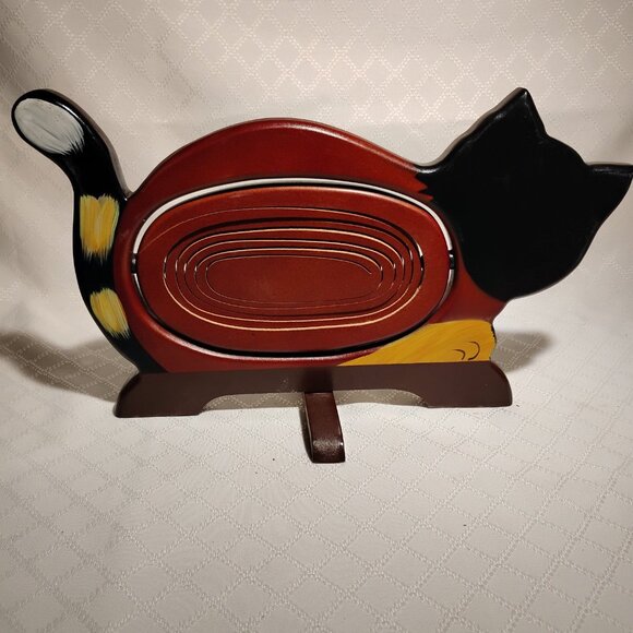 Vintage Wood Calico Cat Tray W/Expanding/Collapsible Bowl - Picture 2 of 10